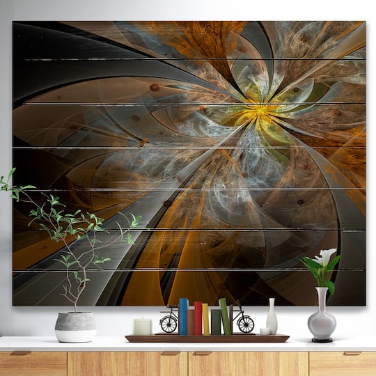 Designart - Symmetrical Yellow Fractal Flower - Abstract Print on Natural Pine Wood